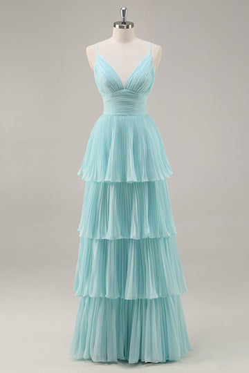 Green Chiffon A-Line V-Neck Tiered Long Pleated Prom Dress
